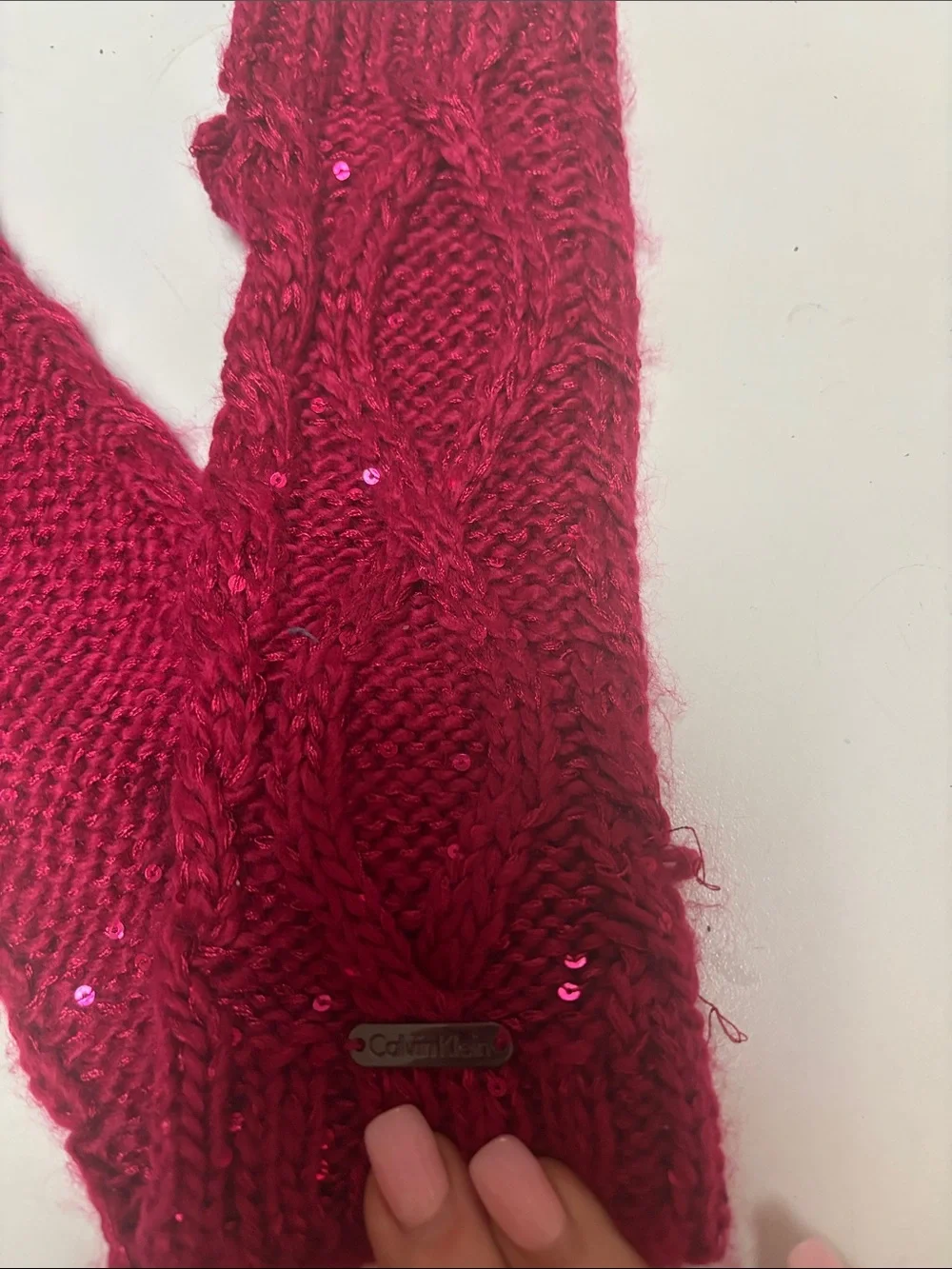 Calvin Klein Burgundy Knit Sequin Fingerless Gloves